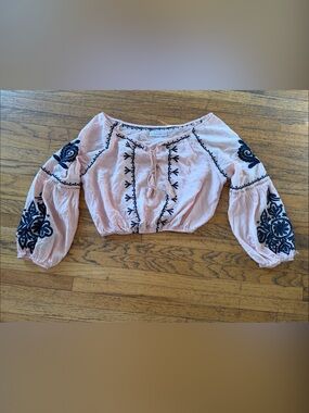 Cropped Pink Peasant Top with Navy Embroidery